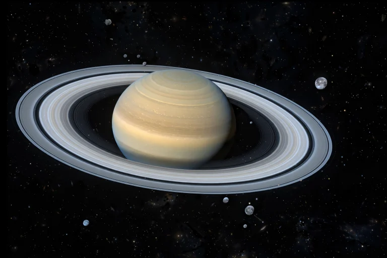 Telescope survey image showing Saturn and faint distant moons