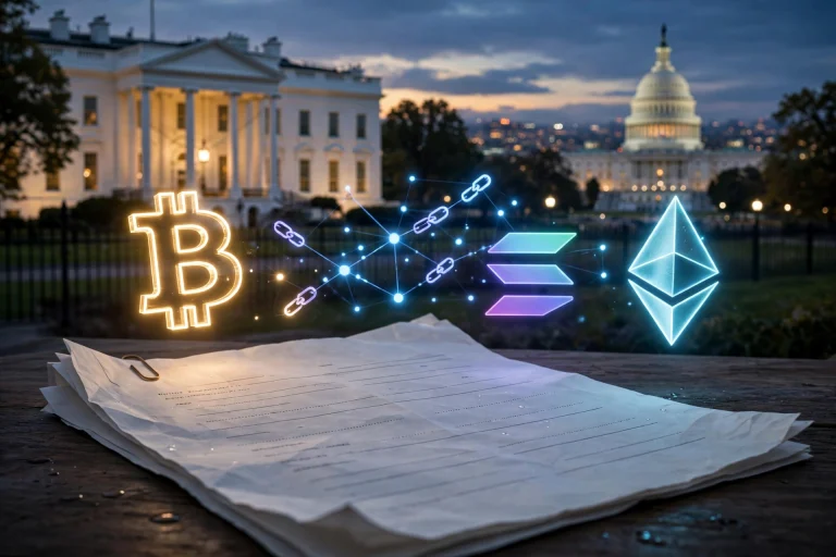 Patrick Witt leaves White House crypto role as the CLARITY Act stalls in the Senate White House and US Capitol at dusk with glowing cryptocurrency symbols and a stalled legislative document