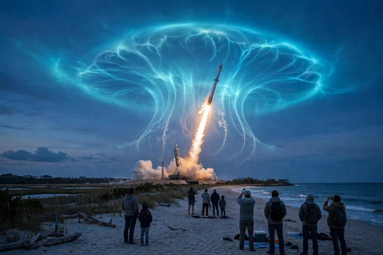 SpaceX rocket launch at twilight creating a glowing jellyfish-shaped cloud off the US east coast